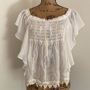 Esley Two Way Embroidered Lace Stretchy Tank Top Sheer White Womens Small M